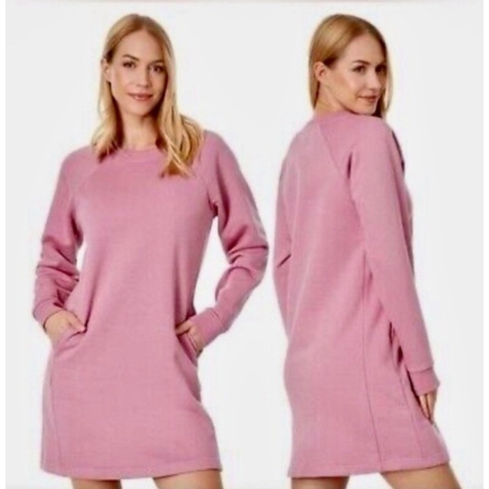 PACT Women's The Downtime‎ Sweatshirt Dress Organic Cotton Pink Pockets Size Med